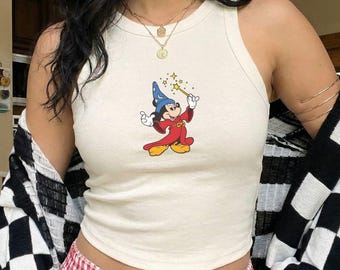 Walt Disney Fantasia Mickey Watercolor Crop Top, Fantasia Mickey Crop Tee Y2K Mickey 90s Vintage Mickey Sorcerer Tank Top, Disney Trip Shirt