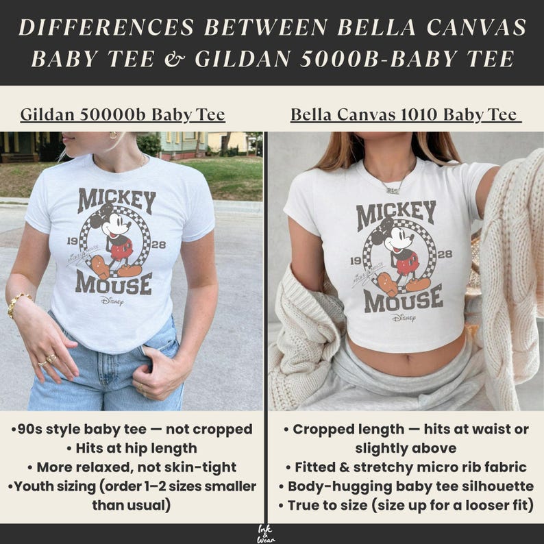 May include: A comparison graphic showing a white Gildan 5000B baby tee and a white Bella Canvas 1010 baby tee, both featuring a Mickey Mouse graphic with the text 1928. The text details differences in fit, length, and sizing for each shirt model.