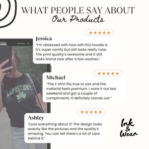 May include: Image showcasing customer testimonials about products. The text reads "What People Say About Our Products." Reviews from Jessica, Michael, and Ashley are displayed, along with a logo for "Ink & Wear."