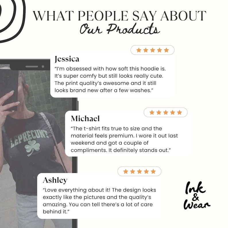 May include: A graphic display titled WHAT PEOPLE SAY ABOUT Our Products featuring three five-star reviews from Jessica, Michael, and Ashley regarding a hoodie and t-shirt. The Ink & Wear logo is visible in the bottom right corner of the white background.