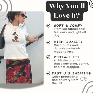 May include: A white t-shirt featuring a Mickey Mouse graphic, paired with a floral print skirt. The image also includes text that reads "Why You'll Love It?" and highlights features like soft fabrics, high quality, and vintage fit.