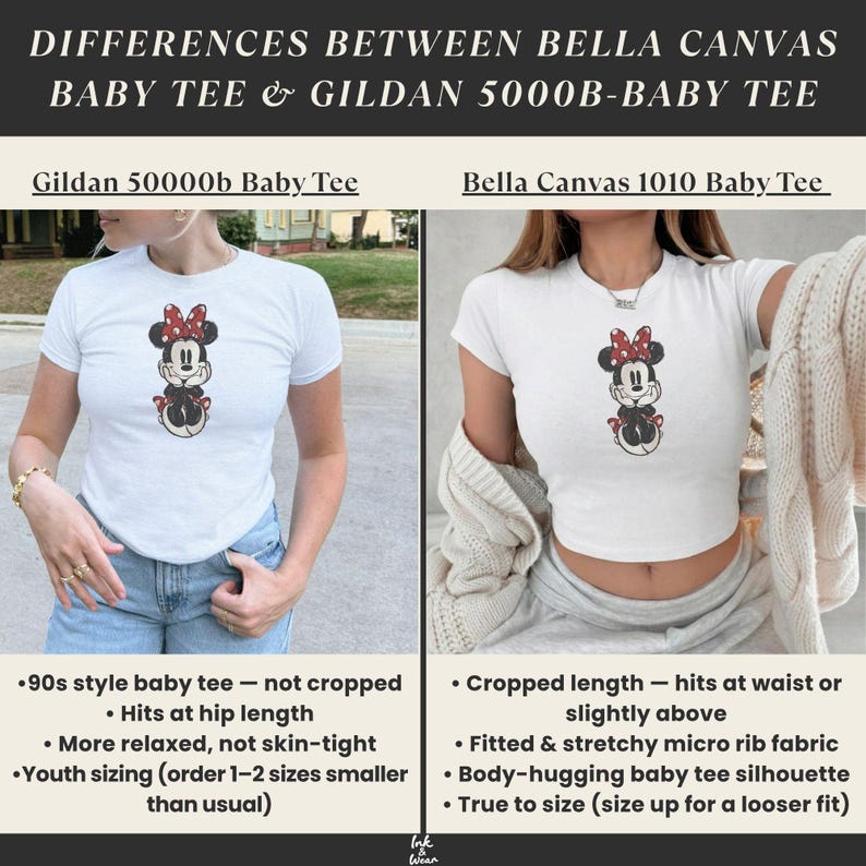 May include: Comparison image of two white baby tees: Gildan 50000b and Bella Canvas 1010. The Gildan tee is a 90s style, hitting at the hip, while the Bella Canvas is cropped. Both tees feature a Minnie Mouse graphic. Text details sizing and fit.