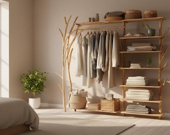 Tree Branch Open Wardrobe | Sculptural Clothing Display Rack | Organic Modern Shelving | Handmade Wooden Wardrobe | Japandi Linen Storage