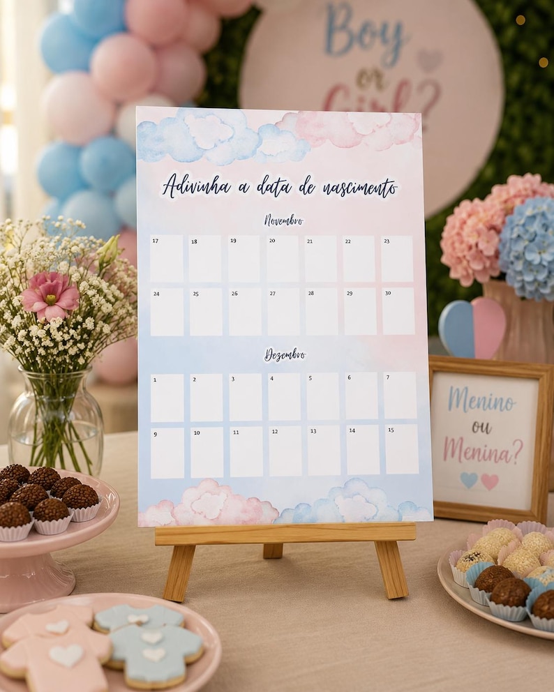K&ouml;nnte beinhalten: Ein pastellfarbener Kalender auf einer Holzstaffelei, entworfen f&uuml;r eine Babyparty. Der Kalender zeigt blaue und rosa Aquarellwolken und den Text "Adivinha a data de nascimento". Partydekorationen umgeben den Kalender.