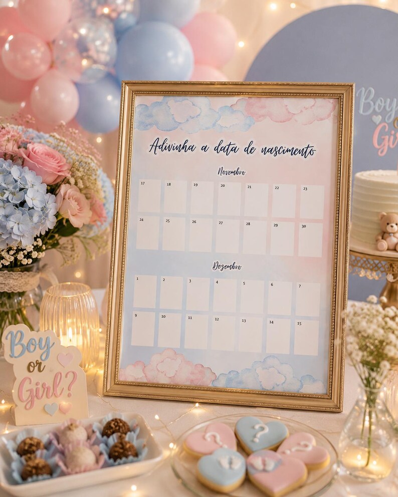 K&ouml;nnte beinhalten: Ein goldgerahmtes Schild mit dem Text "Adivinha a data de nascimento". Das Schild hat ein rosa-blaues Wolkenmuster und einen Kalender f&uuml;r November und Dezember. Die Szene umfasst einen Kuchen, Kekse und Luftballons.
