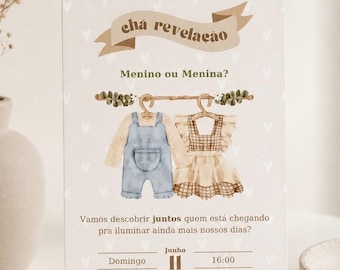 Einladung zu einer Gender-Reveal-Party, bearbeitbar auf Canva.