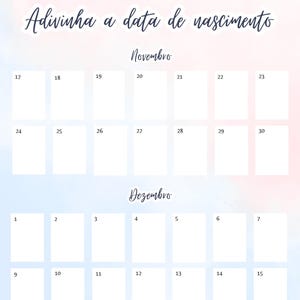 K&ouml;nnte beinhalten: Ein Kalender im Aquarellstil mit einem weichen rosa-blauen Hintergrund und flauschigen Wolkenillustrationen. Der Kalender enth&auml;lt die Monate November und Dezember mit Daten vom 17. November bis zum 15. Dezember. Der Text "Adivinha a data de nascimento" ist in einer Schreibschrift geschrieben.