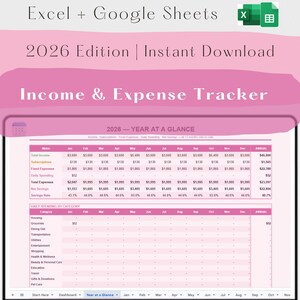 May include: A laptop screen displaying a pink and white Excel spreadsheet for income and expense tracking. The spreadsheet is labeled "2026 Edition | Instant Download" and includes a "Year at a Glance" section. The bottom of the screen shows the text "@naomileestudio".