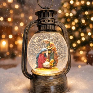 May include: A bronze-colored lantern-shaped snow globe featuring a nativity scene with three figures inside. The globe is filled with swirling white glitter, and the lantern has a metallic finish with a circular handle at the top for hanging.