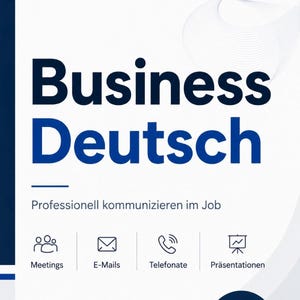 Könnte beinhalten: Buchcover mit dem Titel "Business Deutsch" in großen, dunkelblauen Buchstaben. Das Cover enthält den Text "Professionell kommunizieren im Job" und Symbole für Meetings, E-Mails, Telefonate und Präsentationen. Ein Ratgeber für internationale Fachkräfte.
