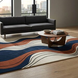 Alfombra abstracta moderna, alfombra de lana tejida a mano, alfombra ondulada azul terracota crema, alfombra de decoración contemporánea para sala de estar.