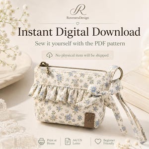 May include: A small pouch with a blue and green floral pattern on a cream background, featuring a ruffled top edge, a side bow, a wrist strap, and a bronze-colored zipper. Text includes RoventraDesign, Instant Digital Download, and No physical item will be shipped.