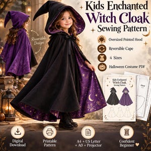 May include: A reversible witch cloak sewing pattern for kids featuring an oversized pointed hood. The cloak is black on one side and purple with a gold celestial print on the other. Includes text: Kids Enchanted Witch Cloak Sewing Pattern.