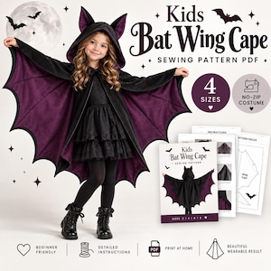 Kids Bat Wing Cape Sewing Pattern PDF, Giant Wings, Hood With Ears, Halloween Costume