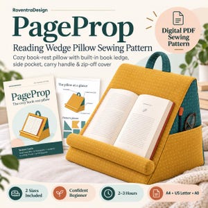May include: A digital PDF sewing pattern for a PageProp reading wedge pillow. The image shows a mustard yellow and teal polka-dot fabric wedge pillow with a book ledge, side pocket, and carry handle, alongside printed instruction sheets.