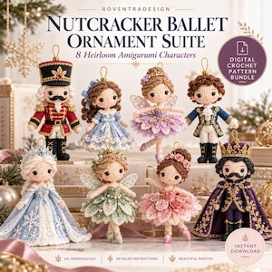 Pode incluir: Um conjunto de padrões de crochê digitais intitulado Nutcracker Ballet Ornament Suite com 8 personagens amigurumi, incluindo um quebra-nozes, bailarina, fada e rei, detalhados com fios e detalhes em dourado.