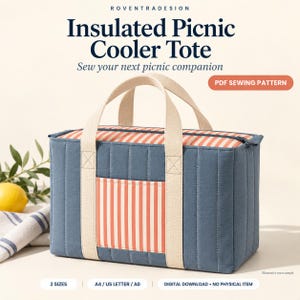 May include: A rectangular insulated picnic cooler tote featuring a blue quilted exterior with vertical stitching, cream-colored fabric handles, and a coral and white striped front pocket and top panel. Text reads: ROVENTRADESIGN Insulated Picnic Cooler Tote Sew your next picnic companion PDF SEWING PATTERN 2 SIZES A4 / US LETTER / A0 DIGITAL DOWNLOAD • NO PHYSICAL ITEM.