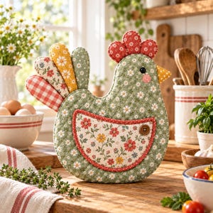 May include: A quilted fabric chicken-shaped potholder featuring a sage green body with a white daisy print, a red and white gingham tail, a yellow floral tail section, and a cream-colored wing patch with a red floral pattern and a brown button.