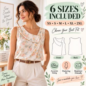 May include: A sleeveless top with a cream base and a floral pattern in shades of pink, orange, and blue. The top features a folded collar detail and is paired with light-coloured trousers and a brown belt. Text includes 6 SIZES INCLUDED.