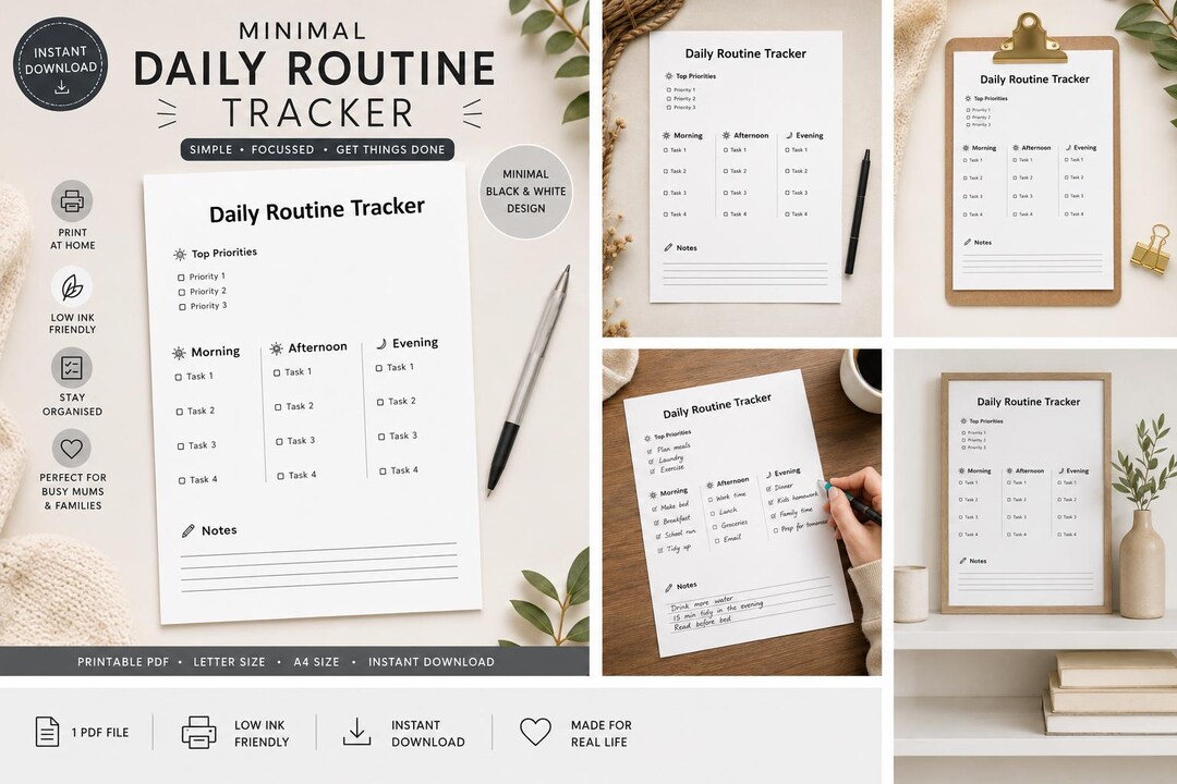 Minimal Daily Routine Tracker Printable | Black and White Planner PDF ...
