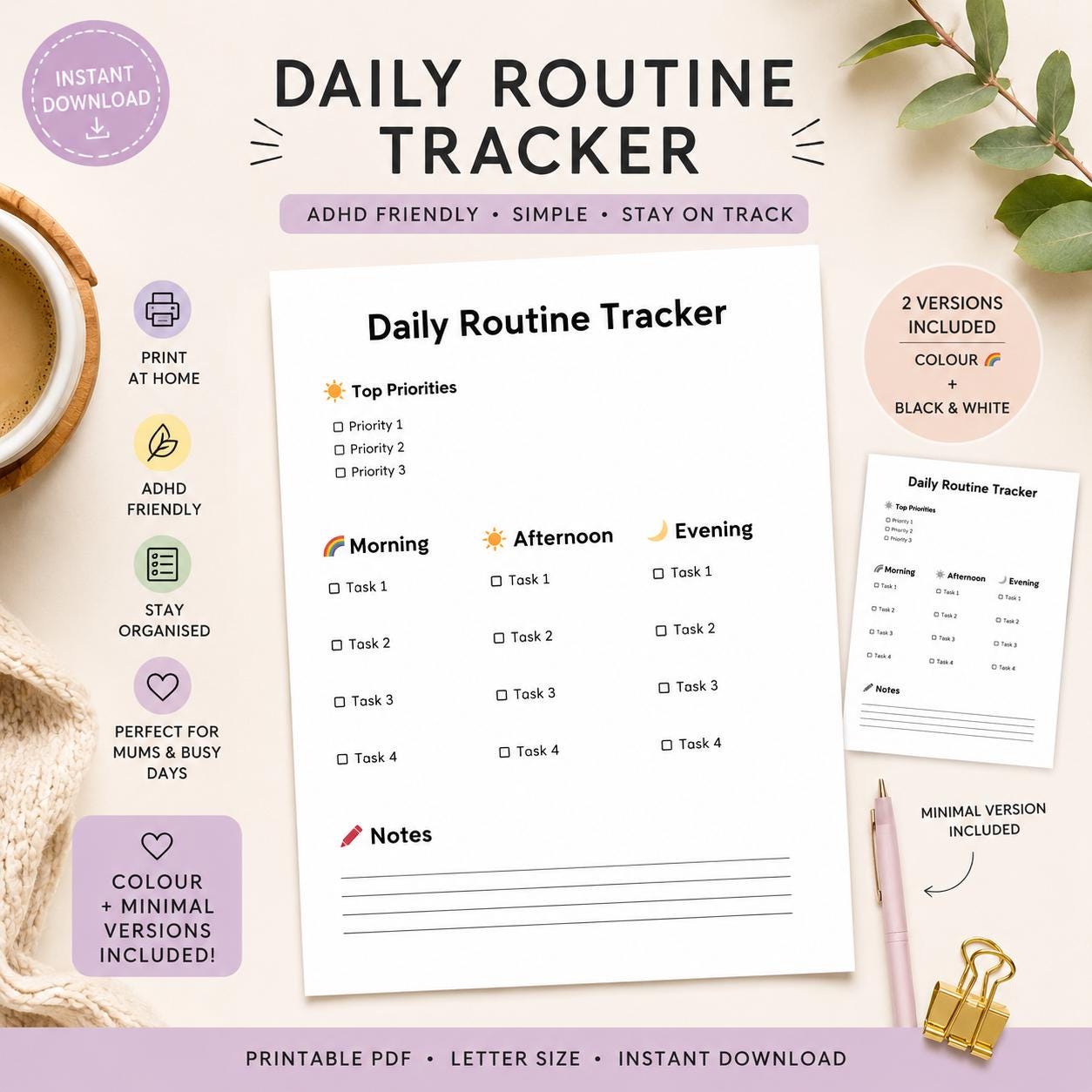 Daily Routine Tracker Printable Bundle | Colour + Minimal Planner PDF ...
