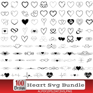 May include: A digital collection of 100 black and white heart-themed graphic designs, including various heart shapes, infinity symbols, flourishes, and EKG lines. The text at the bottom reads 100 Design Heart Svg Bundle AI, PDF, EPS, DXF, SVG, PNG.