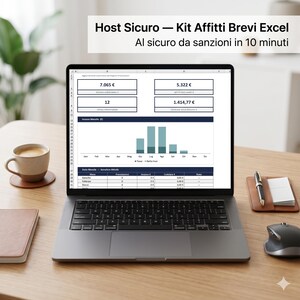 Può includere: Uno schermo di computer portatile che mostra il foglio di calcolo Excel Host Sicuro Kit Affitti Brevi, con riquadri di dati finanziari, un grafico a barre dei ricavi mensili e una tabella per il monitoraggio di prenotazioni, tasse e guadagni.