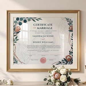 Può includere: Un certificato di matrimonio incorniciato con testo blu scuro, illustrazioni floreali di fiori di protea e foglie di eucalipto nei toni del verde e del rame, e un sigillo di cera rosa centrale, il tutto in una cornice rettangolare dorata.