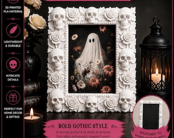 3D Printed Skull Roses Frame, Gothic Halloween Home Decor, Alternative Photo Display