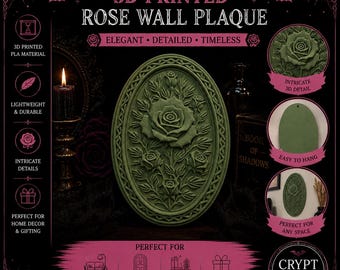 3D Printed Rose Wall Plaque, Gothic Floral Botanical Decor, Victorian Cottagecore Art