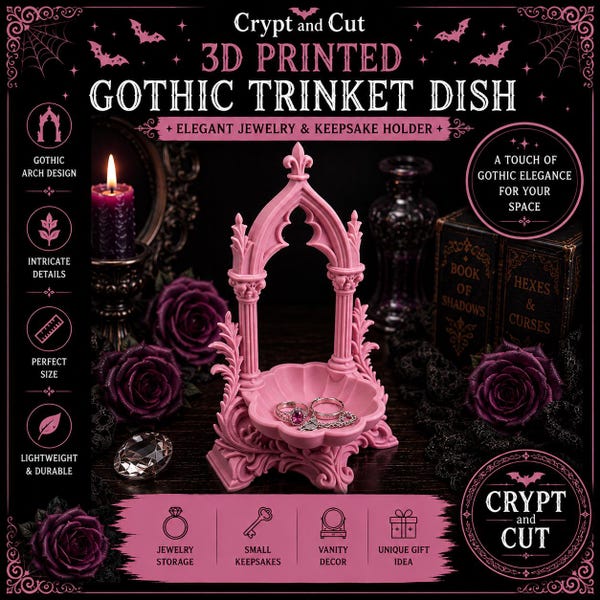 3D Printed Gothic Jewelry Dish | Pink Trinket Tray | Vanity Organizer | Gothic Home Decor