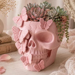Maceta con forma de calavera y mariposa, maceta gótica con forma de calavera, maceta para suculentas impresa en 3D, soporte para brochas de maquillaje, organizador de escritorio gótico, regalo de decoración de Halloween