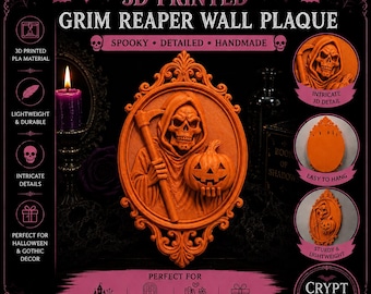 3D Printed Grim Reaper Wall Plaque, Gothic Halloween Decor, Skeleton Pumpkin Art