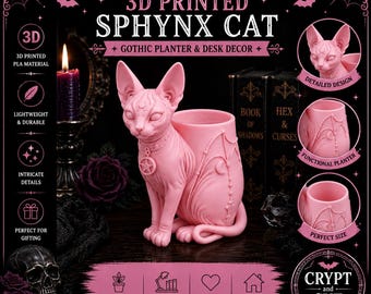3D Printed Sphynx Cat Planter, Gothic Witchy Desk Decor, Succulent Pot Holder