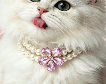 Purple Flower Pearl Pet Necklace, Elegant Cat Dog Jewelry, Cute Pet Neckwear for Small Dogs, Ragdoll Cats & Puppies