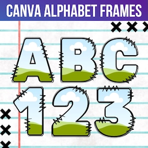 May include: A set of Canva alphabet and number frames. The image shows the letters A, B, and C, and the numbers 1, 2, and 3. Each character has a sky and grass background, with a stitched border. The text "CANVA ALPHABET FRAMES" is at the top.