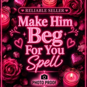 May include: A digital graphic featuring neon pink text that reads Make Him Beg For You Spell, Reliable Seller, Photo Proof, and Completed Within 24hrs. The background is decorated with pink roses, heart-shaped objects, and lit candles.