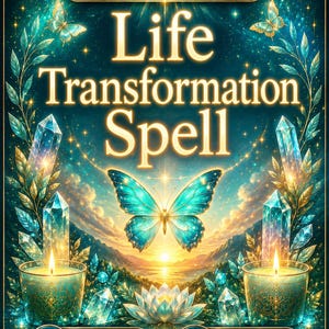 May include: A digital graphic featuring the text Life Transformation Spell, Reliable Seller, Photo Proof, and Completed Within 24hrs. The design includes a central blue butterfly, glowing crystals, lit candles, and a lotus flower on a dark background.