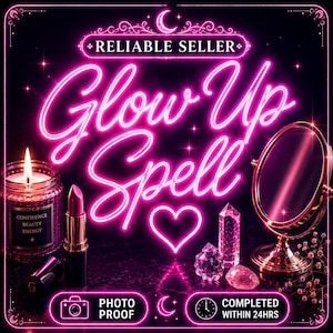 Può includere: Un'insegna al neon con il testo Glow Up Spell in rosa brillante, accompagnata da una candela accesa in un barattolo di vetro, un rossetto rosa, tre cristalli trasparenti e uno specchio da trucco. L'immagine include il testo Reliable Seller, Photo Proof e Completed Within 24hrs.