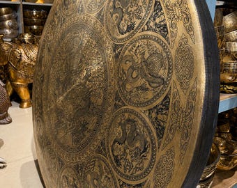 Großer Drache Gong Wandkunst - Handgravierte Bronze Gong, Feng Shui Drachen Gong, Meditation Gong, Klangheilung Dekor