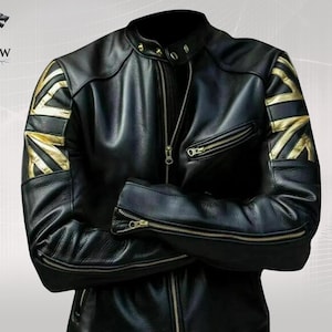 British Union Jack Cafe Racer Black Jacket, UK Flag Pattern Leather Costume