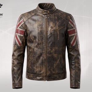 Union Jack UK Flagge Biker Jacke, Vintage Distressed Echtleder Kostüm