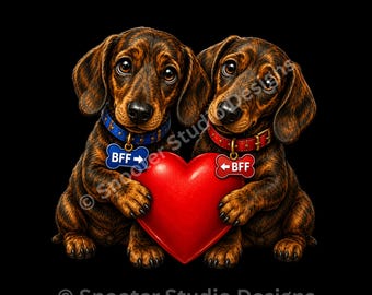 Dachshund Wall Art Print | Two Brindle Dogs, Heart (Digital Download)