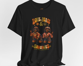 Camiseta Dachshund | Camiseta retrô hippie com estampa de cachorro salsicha dos anos 70