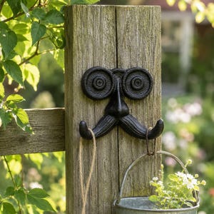 May include: A black cast iron wall hook shaped like a face with round glasses and a mustache. The hook is mounted on a weathered wooden post. The design features two circular eye frames and a prominent nose, with the mustache ends serving as hooks.