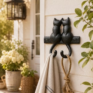 May include: A black cast iron wall hook featuring two cat silhouettes sitting side by side. The cats' tails curve downward to form two hooks, one holding a beige fabric towel and the other holding a thick, knotted natural fiber rope.