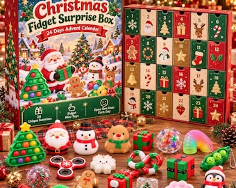 Könnte beinhalten: Ein Christmas Fidget Surprise Box Adventskalender mit 24 nummerierten Türchen, verziert mit Weihnachtsmann, Schneemann und Rentier. Das Set enthält verschiedene kleine Fidget-Spielzeuge wie einen Tannenbaum-Pop-it, einen Pinguin und eine Feder.