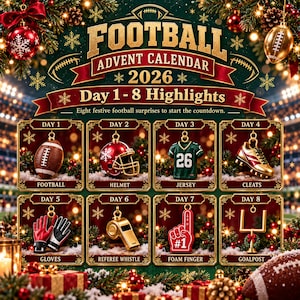 Könnte beinhalten: Ein Football-Adventskalender für 2026 mit acht täglichen Ornamenten: Football, Helm, Trikot, Stollen, Handschuhe, Schiedsrichterpfeife, Schaumstofffinger und Torpfosten, gestaltet in festlichem Rot, Grün und Gold.