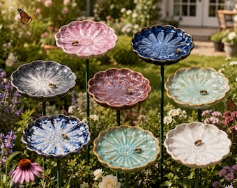 Bee Waterer Gartenstecker aus Keramik, Schmetterling Bestäuber Wasserstation, Vogelfutterhaus im Freien, buntes Hof-Kunst-Geschenk, Garten-Dekor