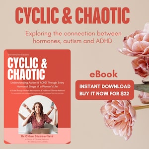 May include: An ebook cover with the title "CYCLIC & CHAOTIC" in large, bold letters. The cover explores the connection between hormones, autism, and ADHD. The ebook is available for instant download.